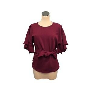 Eva Franco Top Womens XS Burgundy‎ Textured Ruffle Sleeve Tie Waist Shirt Blouse